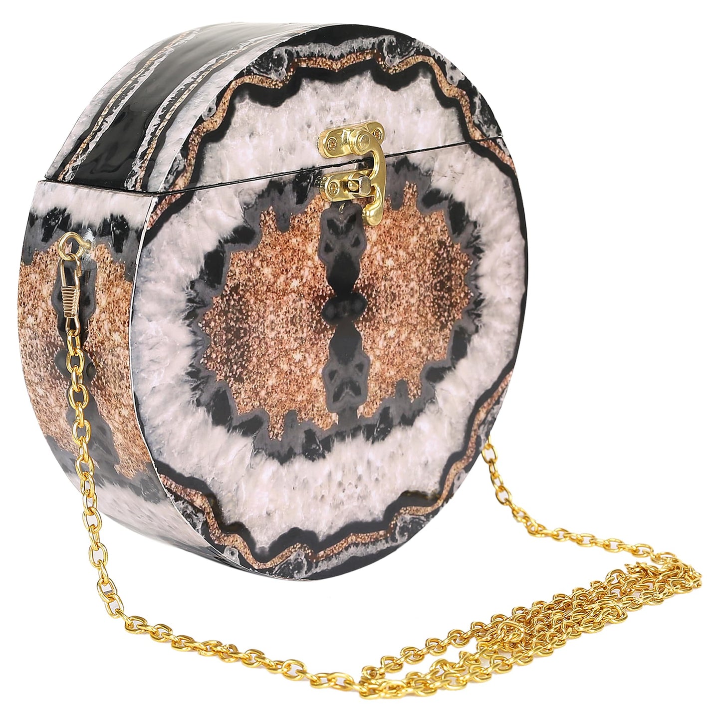 Trend Overseas Women's Wooden Printed Round Ethnic Clutch Bag/Bridal Purse/Handbag_Crossbody Sling Bags for Party