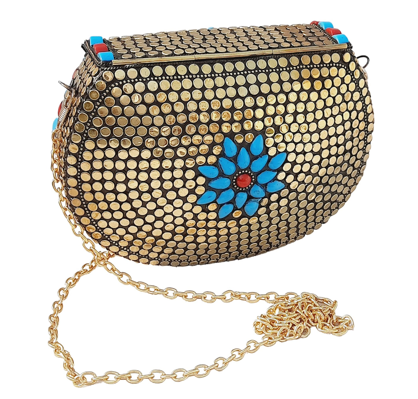 Trend Overseas Multicolor Acrylic Stone Golden metal Bead Clutch Girls Bridal Bag for women/Girl party clutch