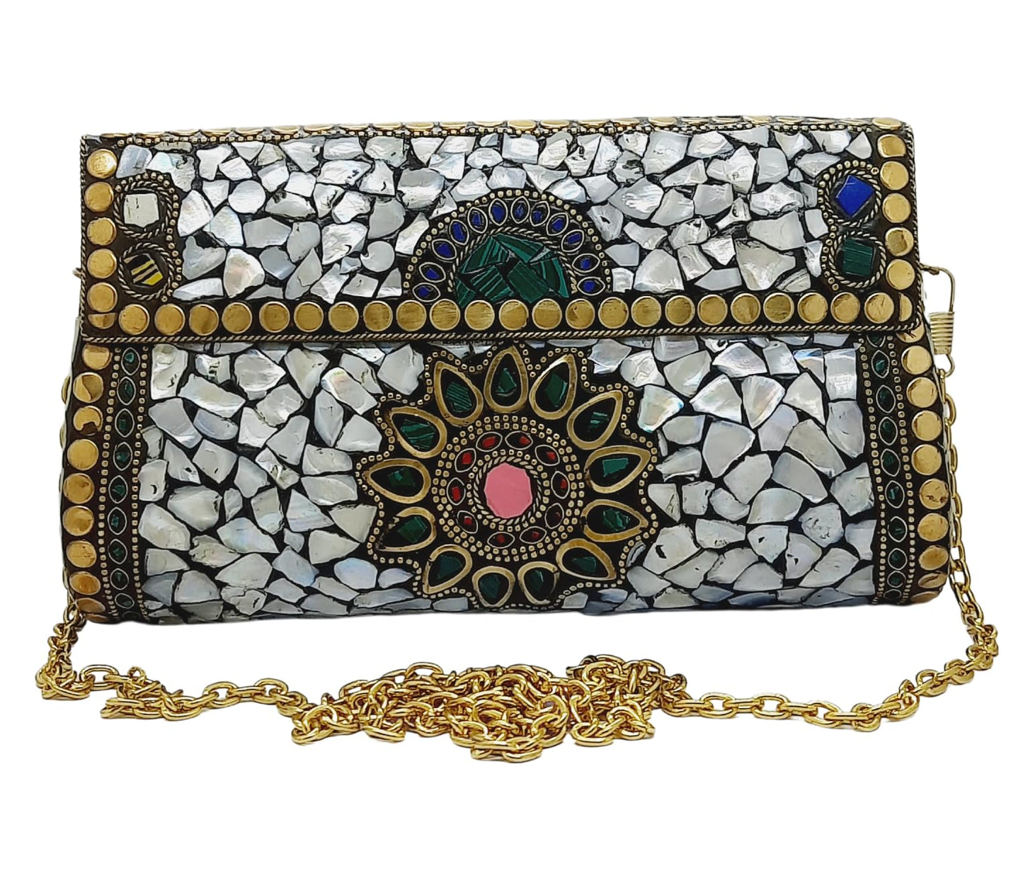 Trend Overseas Handmade mosaic metal bag Stone Ethnic Indian Women/Girls Bridal metal clutch party sling bag