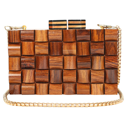 Trend Overseas women girls ethnic Brown Wooden Purse Bridal Clutch vintage style wallet party cross body Bag