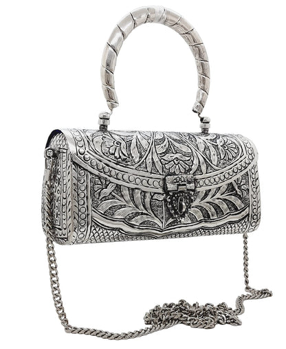 Trend Overseas Women's Silver Brass Metal Handle Clutch Handmade Antique Ethnic Hand Clutch