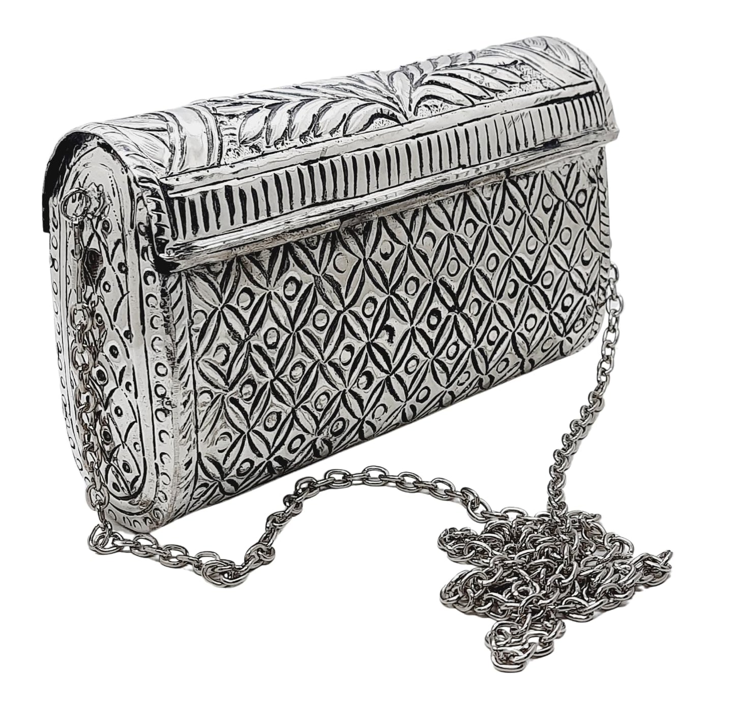 Trend Overseas Women Silver Bridal Metal Clutch - Handmade Brass Purse with Antique Hand Carving for Parties and Functions