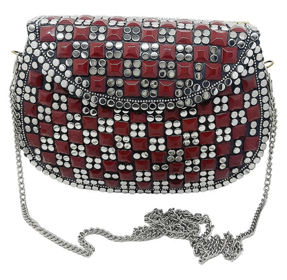 Trend Overseas Silver metal Beaded Ethnic purse Girls Bridal Bag cross body bag for women/Girl party clutch Metal clutches Vintage Brass