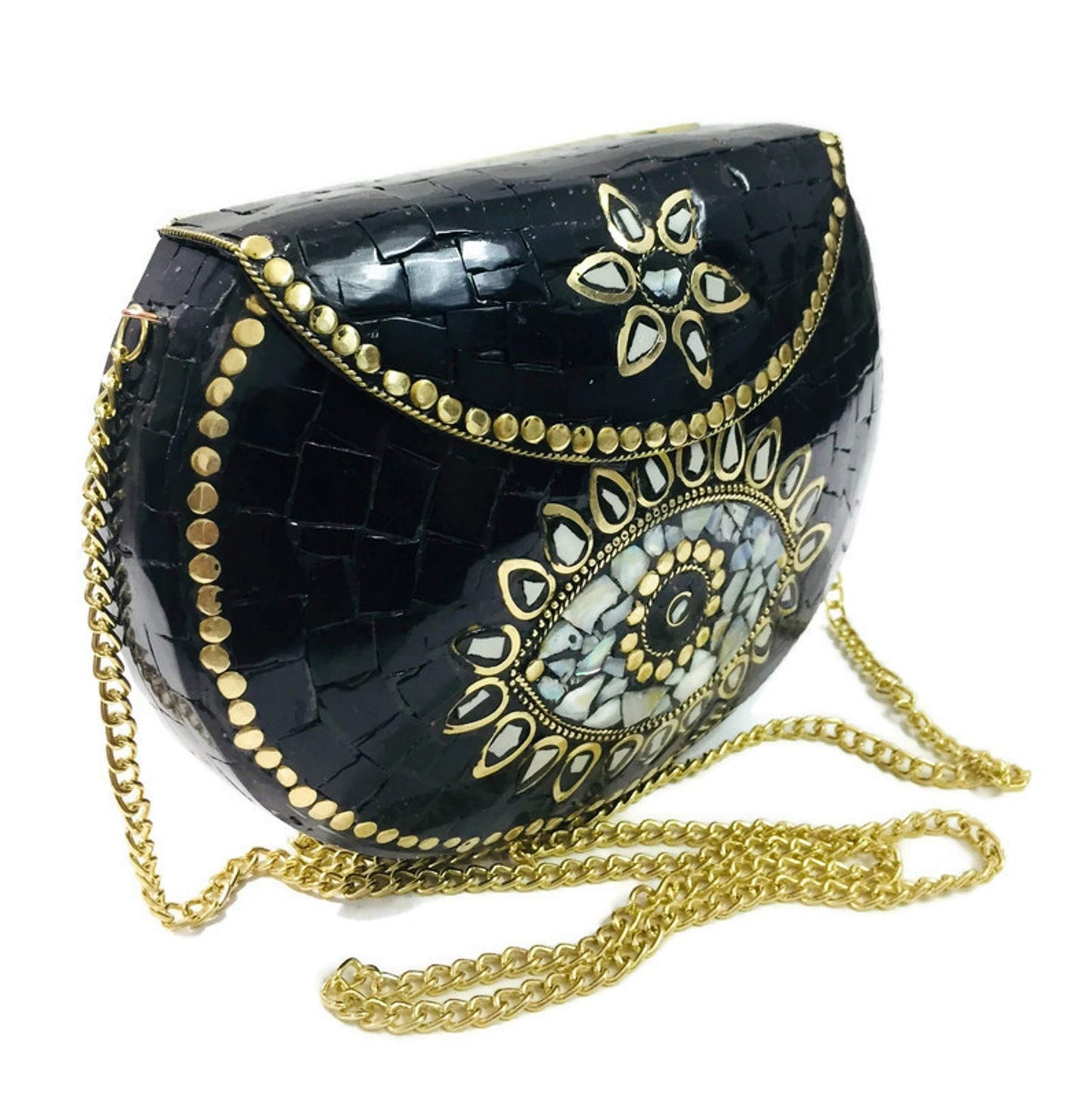 Trend Overseas Turquoise stone mosaic metal bag antique ethnic bridal clutch Indian purse party clutch women bag