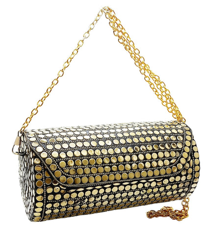 Trend Overseas Handmade Mosaic Multi color Stone Clutch Cylindrical Round Ethnic bag Antique Bridal Sling Bag Crossbody Bag