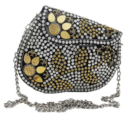 Trend Overseas Silver metal Beaded Ethnic purse Girls Bridal Bag cross body bag for women/Girl party clutch Metal clutches Vintage Brass