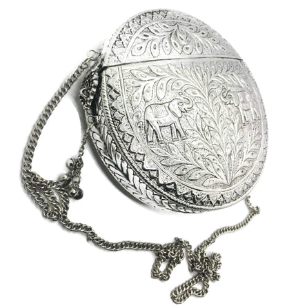 Trend Overseas Party Bridal Handmade Ethnic Brass Metal Silver color Round Shape Antique Hand Carving clutches purse