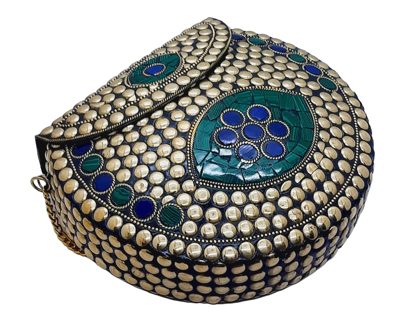 Trend Overseas Heart Design Stone Mosaic Clutch Ethnic Indian Handmade Small Size Bridal Clutch (Golden Metal Beads)