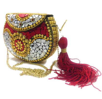 Trend Overseas Red Shell bag metal clutch Indian Ethnic Metal Bag mosaic clutch Antique Wallet purse party bag for women Wedding Box Bridal bag