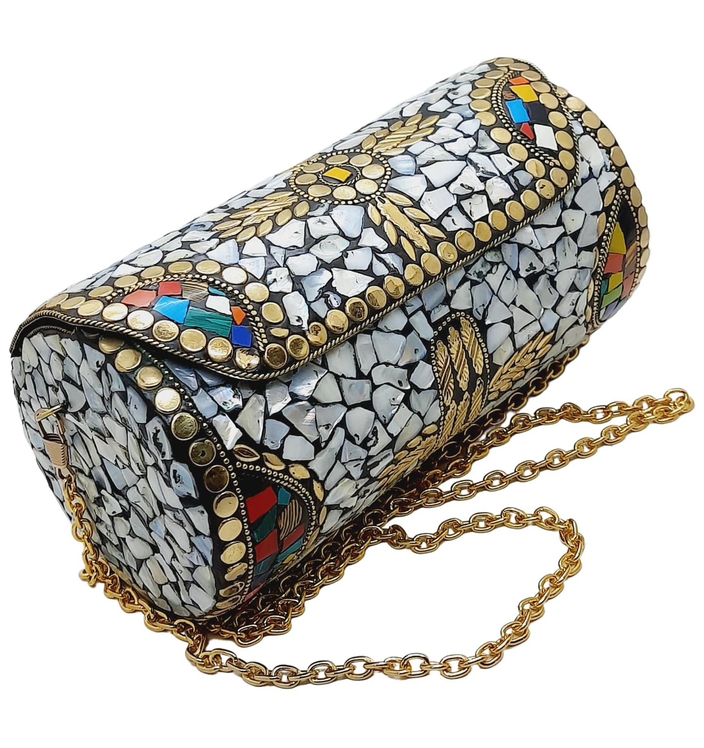 Trend Overseas Handmade Mosaic Multi color Stone Clutch Cylindrical Round Ethnic bag Antique Bridal Sling Bag Crossbody Bag