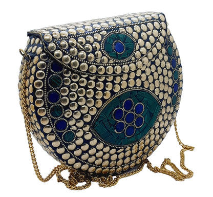 Trend Overseas Heart Design Stone Mosaic Clutch Ethnic Indian Handmade Small Size Bridal Clutch (Golden Metal Beads)