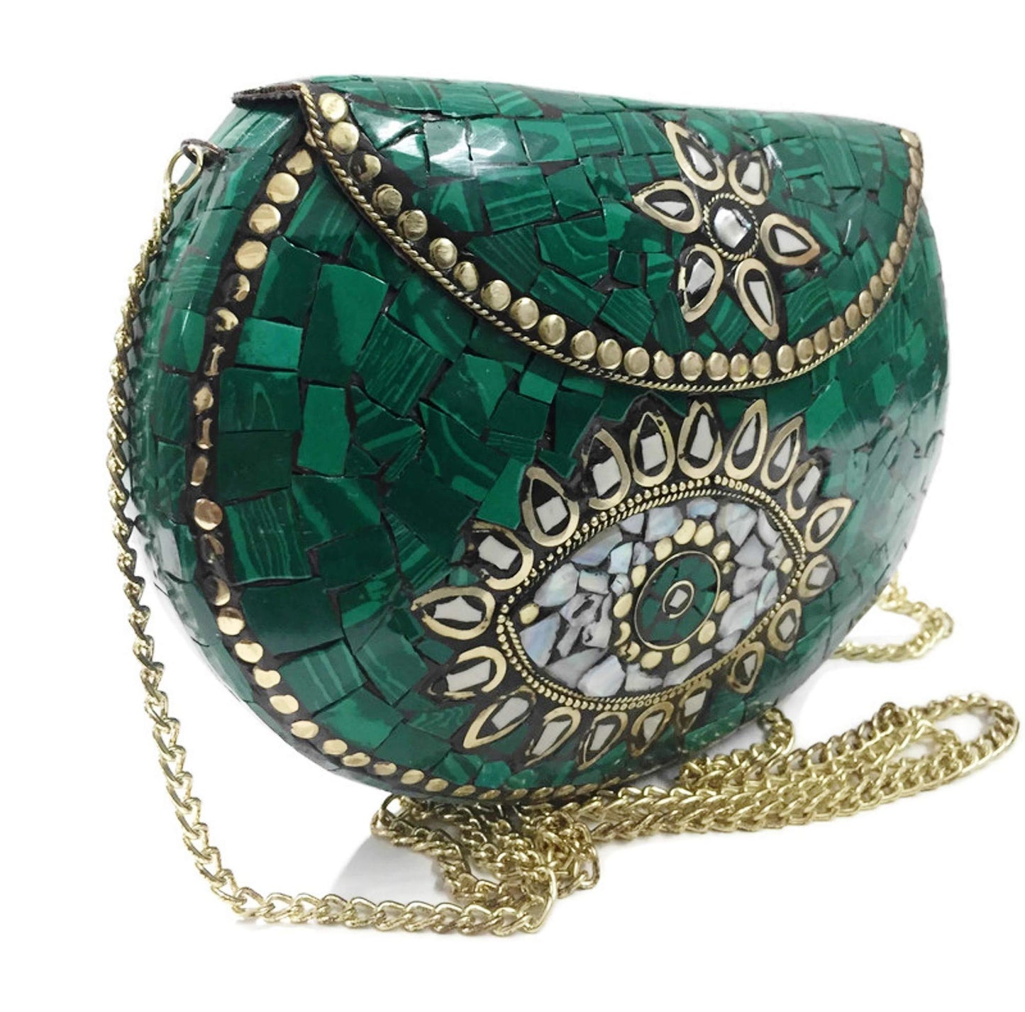 Trend Overseas Turquoise stone mosaic metal bag antique ethnic bridal clutch Indian purse party clutch women bag