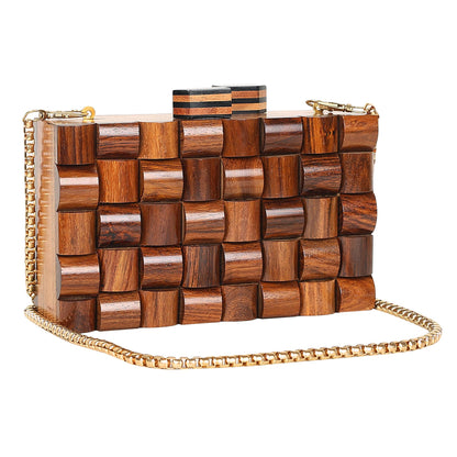 Trend Overseas women girls ethnic Brown Wooden Purse Bridal Clutch vintage style wallet party cross body Bag