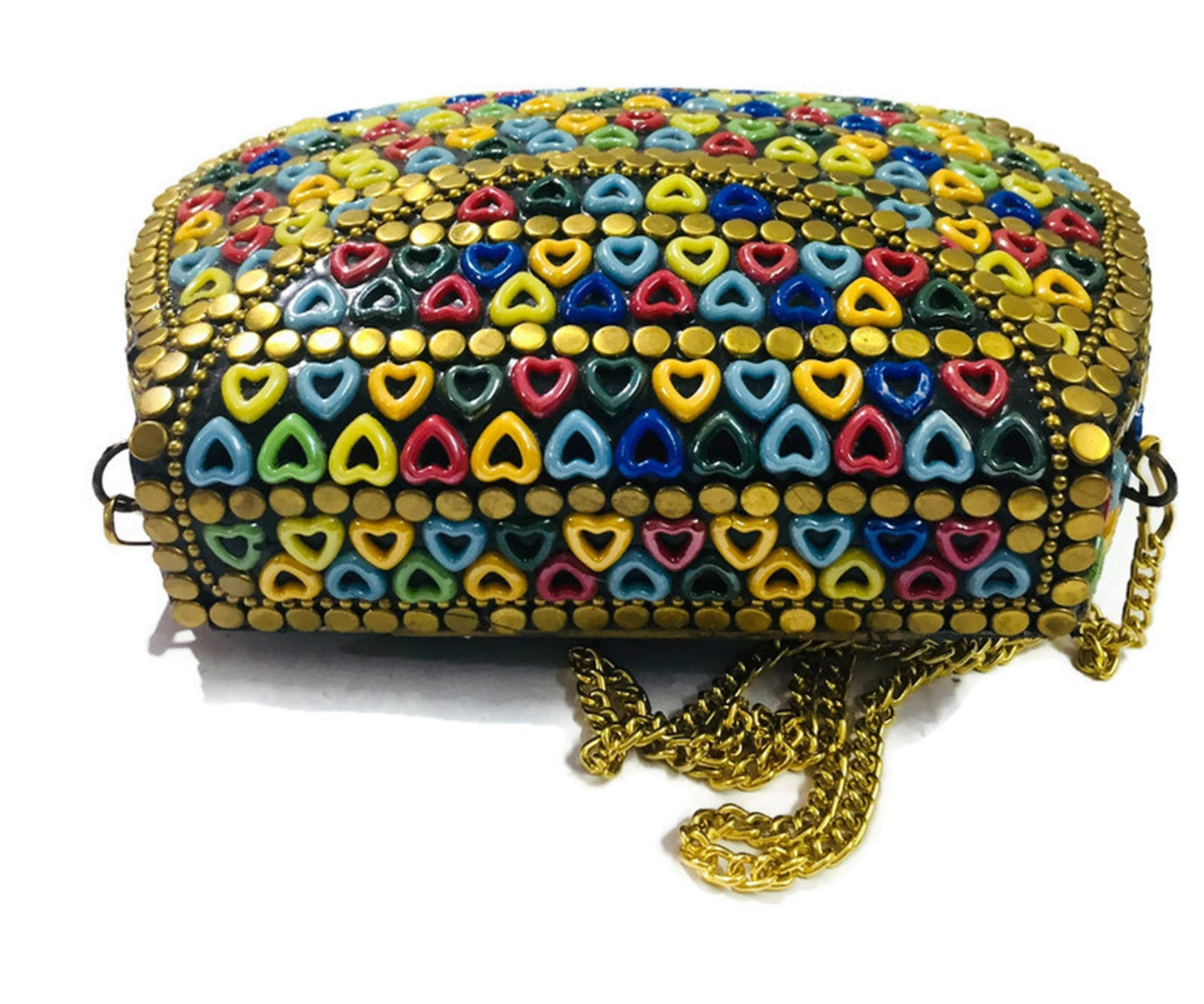 Trend Overseas Multicolor Resin heart bag Women/Girls Bridal clutch party sling bag mosaic metal bag antique ethnic clutch Indian purse party clutch