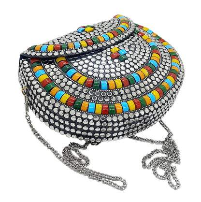 Trend Overseas Silver metal Beaded Ethnic purse Girls Bridal Bag cross body bag for women/Girl party clutch Metal clutches Vintage Brass