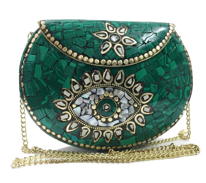 Trend Overseas Turquoise stone mosaic metal bag antique ethnic bridal clutch Indian purse party clutch women bag