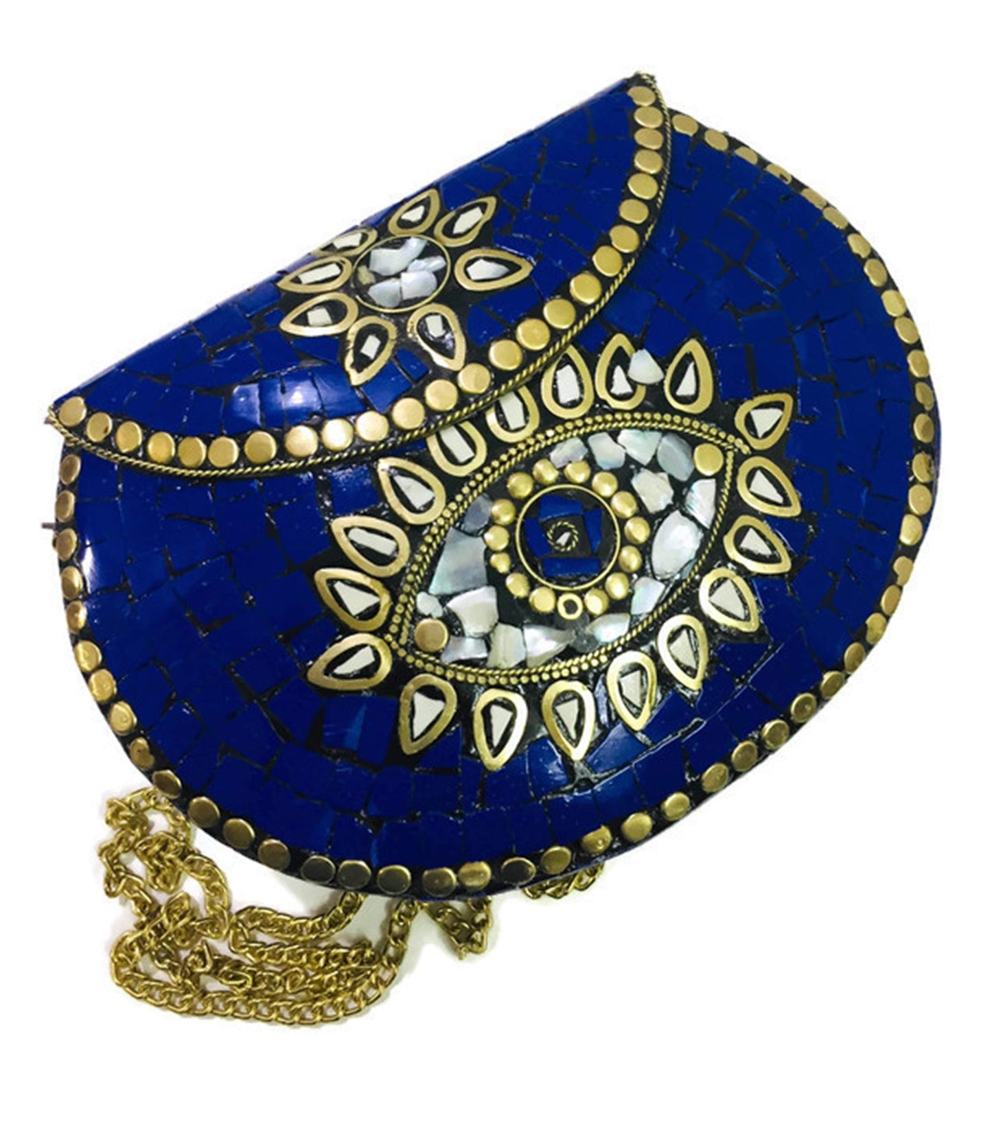 Trend Overseas Blue stone mosaic metal bag antique ethnic clutch indian antique purse party clutch women bag