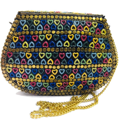 Trend Overseas Multicolor Resin heart bag Women/Girls Bridal clutch party sling bag mosaic metal bag antique ethnic clutch Indian purse party clutch