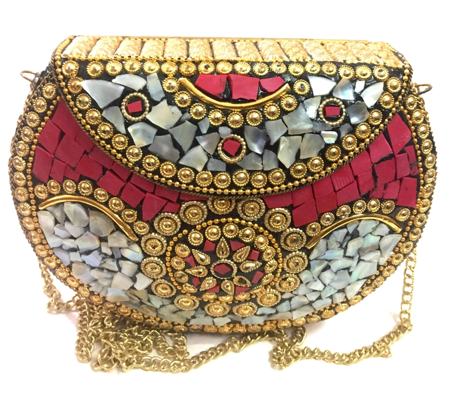 Trend Overseas Red Shell bag metal clutch Indian Ethnic Metal Bag mosaic clutch Antique Wallet purse party bag for women Wedding Box Bridal bag