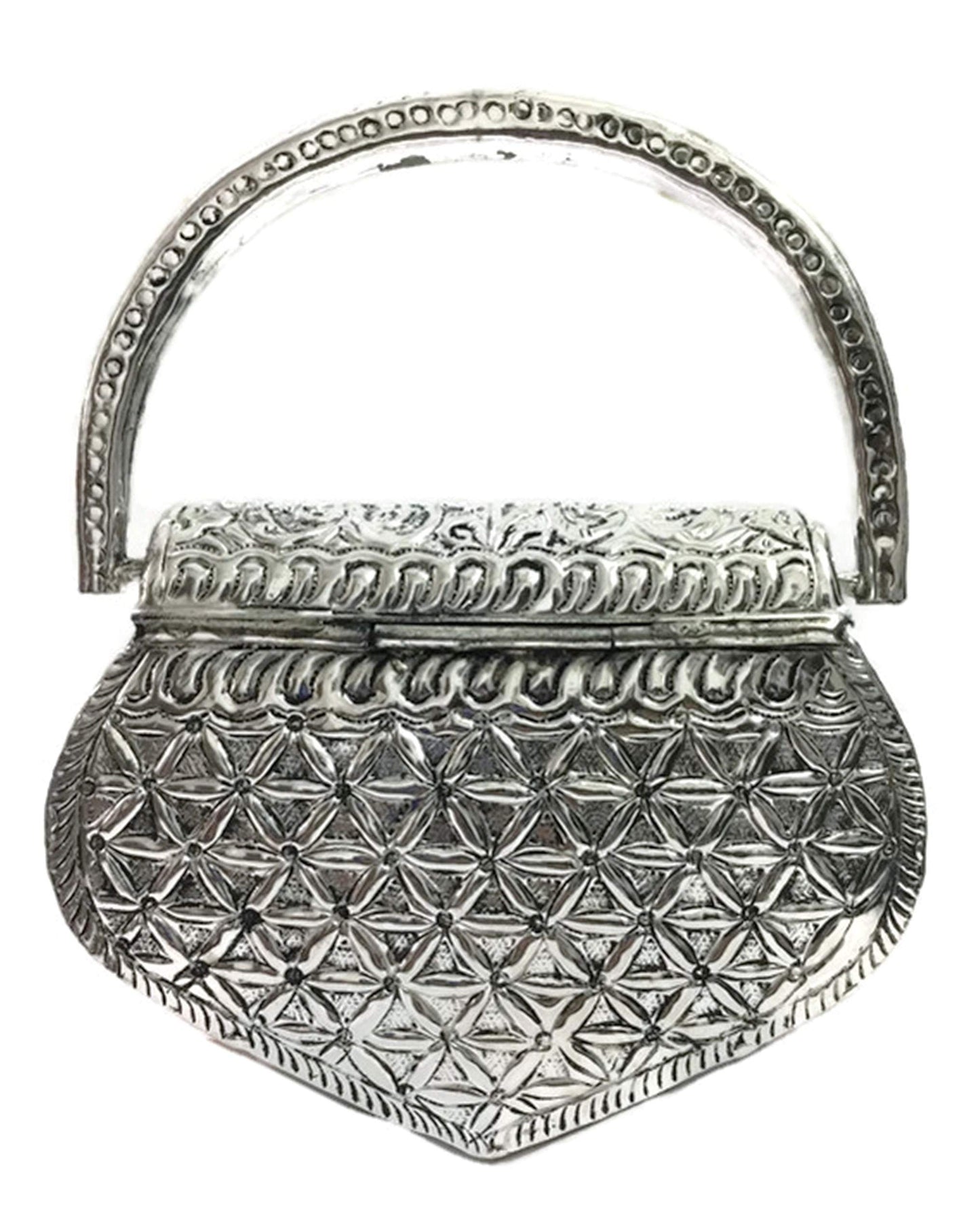 Trend Overseas Women's Brass Metal Ethnic Clutch Handle Bag (Silver)