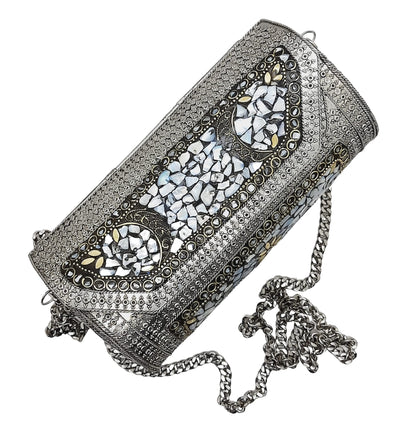 Trend Overseas Womens Eye Catching Handmade Cylinder Round Ethnic Silver Metal Bag Antique Bridal Clutch