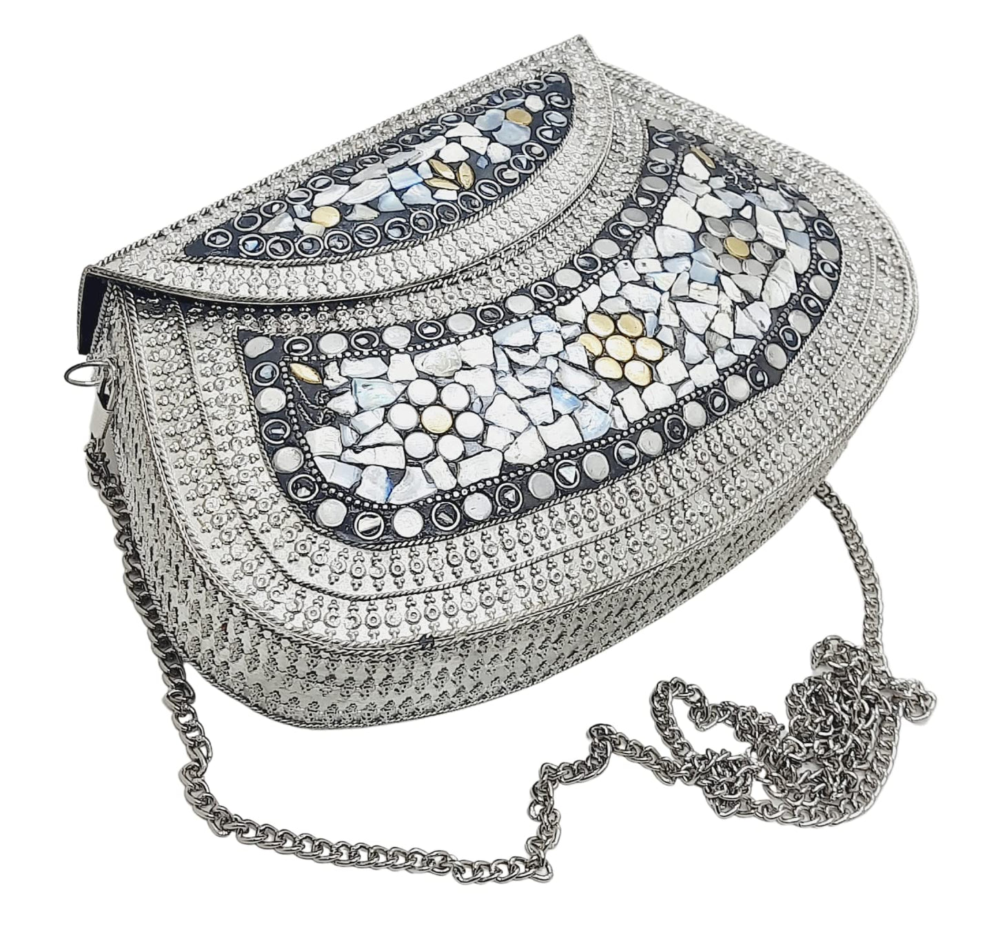 Trend Overseas Handmade Silver Metal Clutch Sling Bag Bridal Party Purse