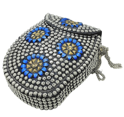 Trend Overseas Silver metal Beaded Ethnic purse Girls Bridal Bag cross body bag for women/Girl party clutch Metal clutches Vintage Brass