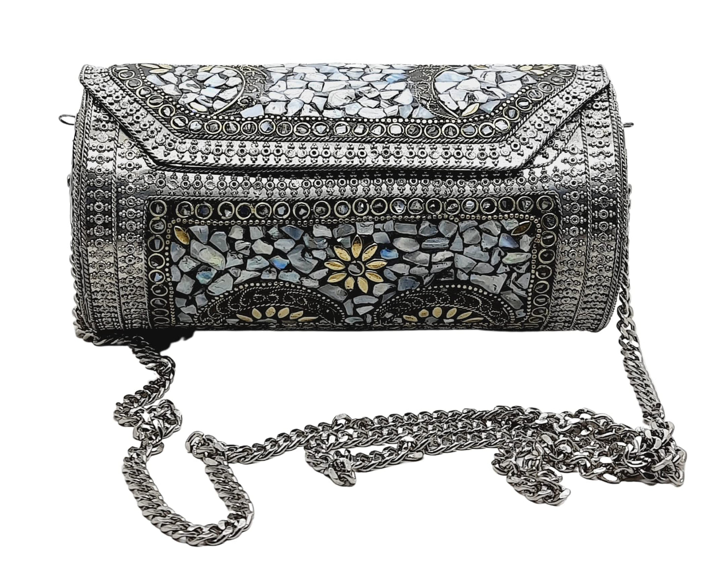 Trend Overseas Womens Eye Catching Handmade Cylinder Round Ethnic Silver Metal Bag Antique Bridal Clutch