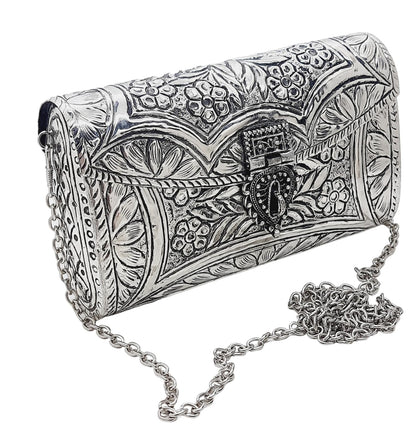 Trend Overseas Women Silver Bridal Metal Clutch - Handmade Brass Purse with Antique Hand Carving for Parties and Functions