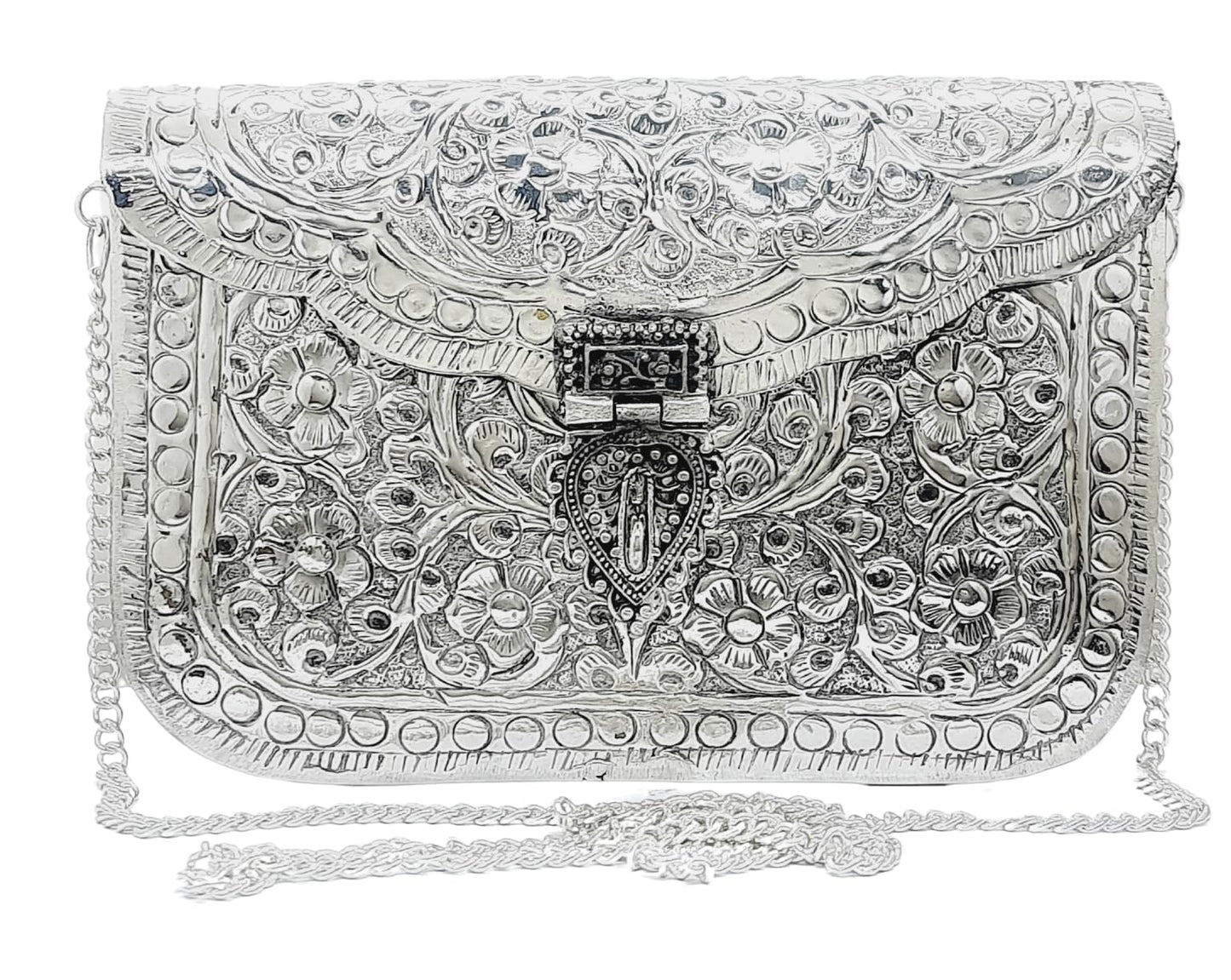 Trend Overseas Women Silver Bridal Metal Clutch Sling Bag Shoulder Bag - Antique Hand Carving Bag Bridal Antique Purse