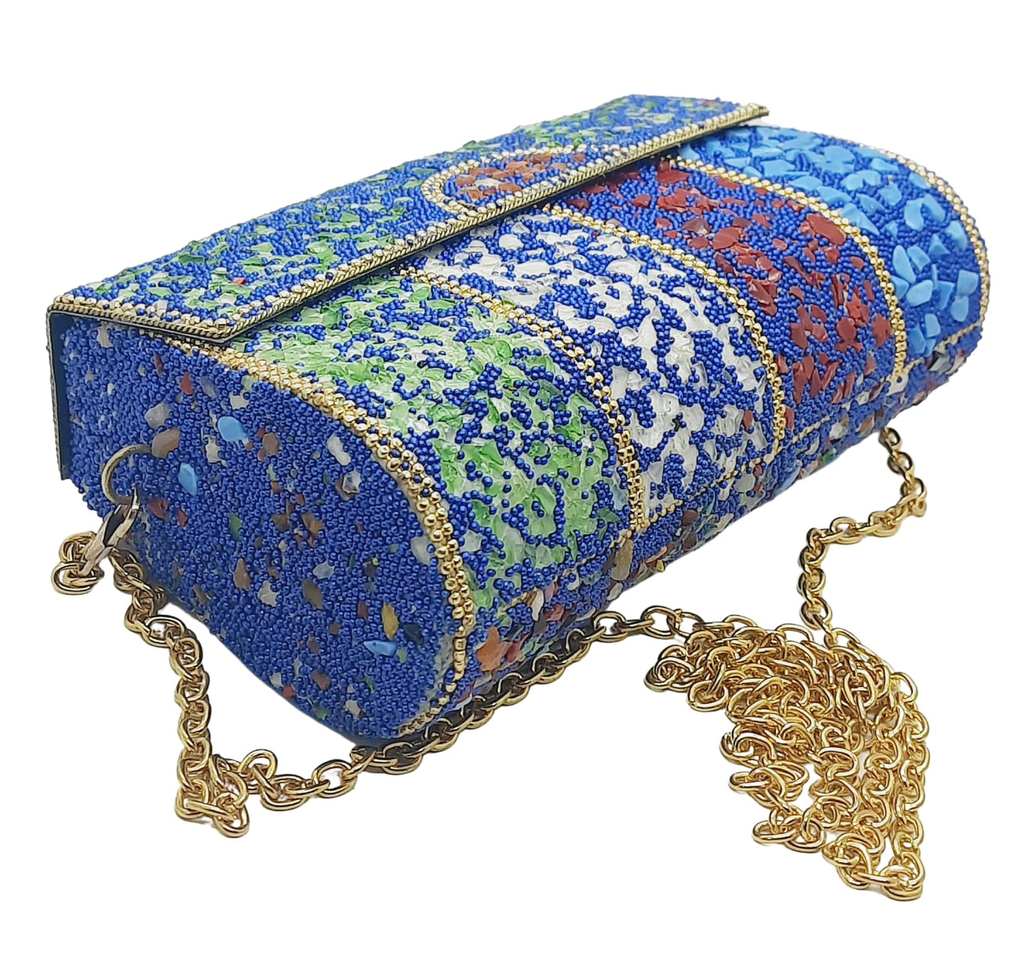 Trend Overseas Handmade Cut Stone mosaic metal bag Stone Clutch Ethnic Indian Women/Girls Bridal metal clutch party sling bag (Red)