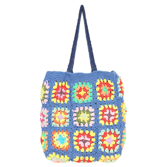 Trend Overseas Handwoven Crochet Multicolour Flower Straw Bag - Travel, Beach, Shopping Woven Shoulder Bag for Women