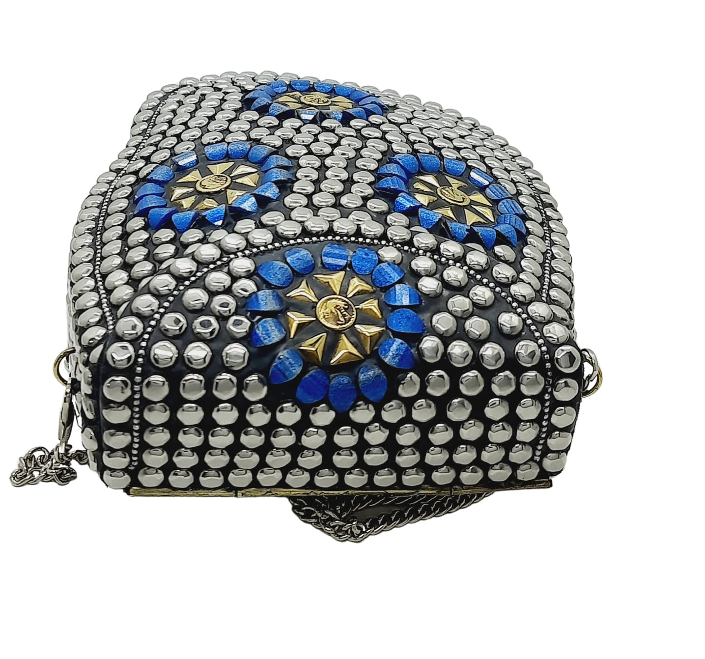 Trend Overseas Silver metal Beaded Ethnic purse Girls Bridal Bag cross body bag for women/Girl party clutch Metal clutches Vintage Brass