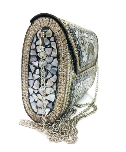 Trend Overseas Antique Indian art Handmade Stone mosaic metal bag Women/Girls Bridal metal clutch party sling bag