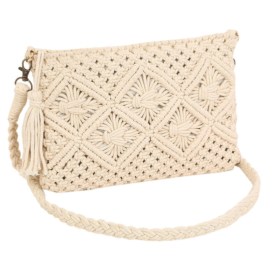 Trend Overseas Handwoven Crochet Craft Women/Girl Ivory (Off-White) Macrame Bag Multi-Purpose Summer Tote Handbag