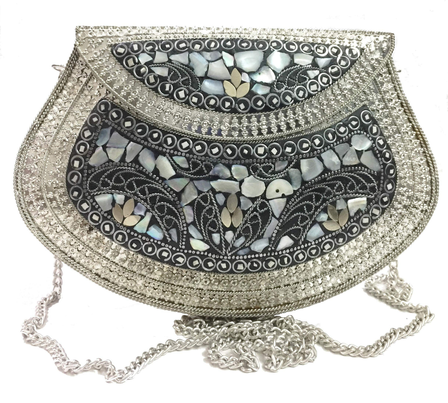 Trend Overseas Women's Metal Mosaic Stone Shell Ethnic Vintage Sling Bag (Silver)