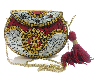 Trend Overseas Red Shell bag metal clutch Indian Ethnic Metal Bag mosaic clutch Antique Wallet purse party bag for women Wedding Box Bridal bag