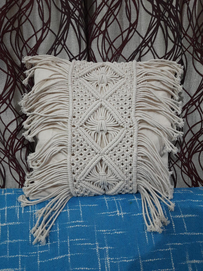 Trend Overseas Set of 2 Piece Cushion Cover Handwoven Macrame Pillowcase Ivory Cotton Off-White Sofa Decor