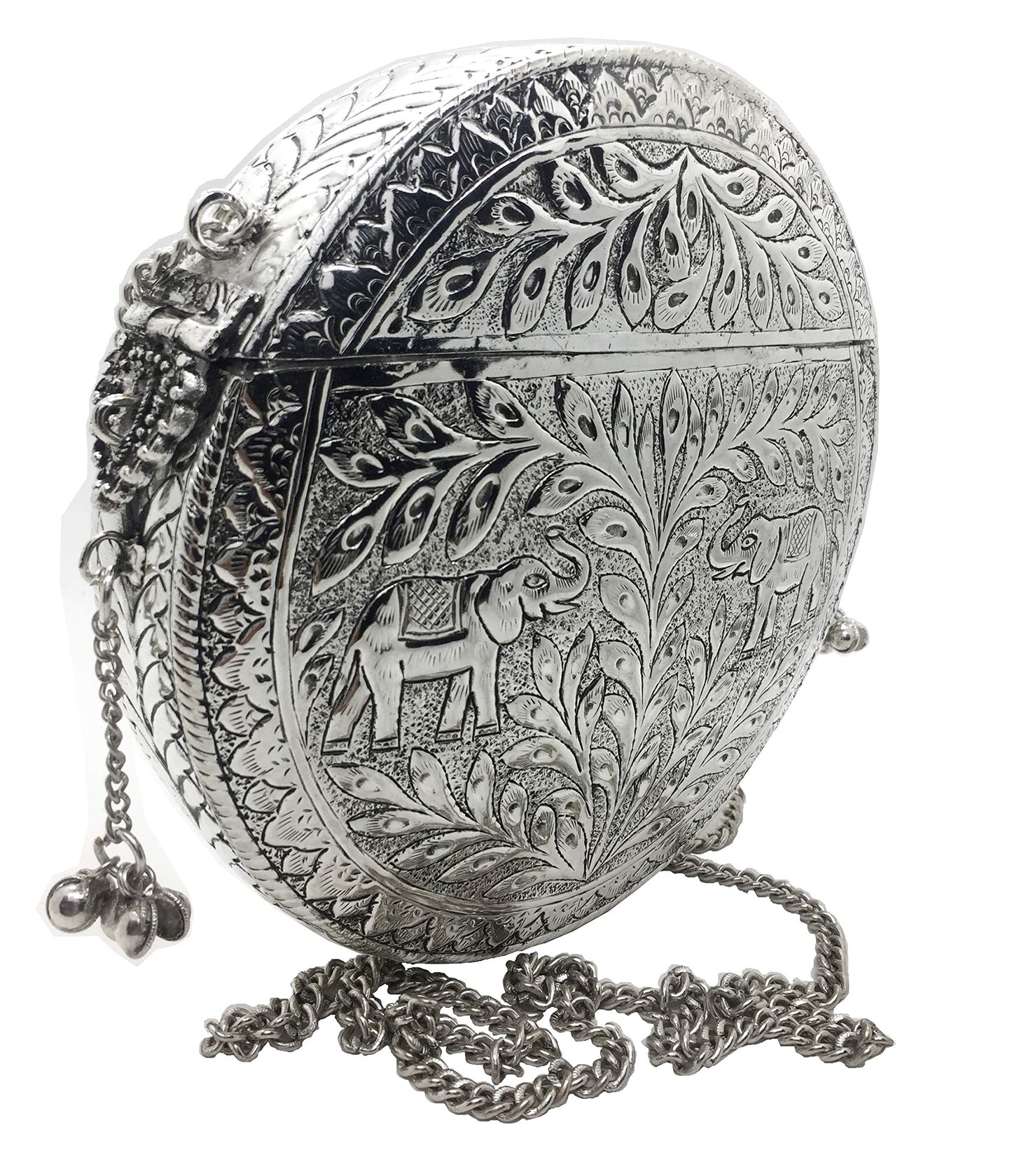 Trend Overseas Party Bridal Handmade Ethnic Brass Metal Silver color Round Shape Antique Hand Carving clutches purse