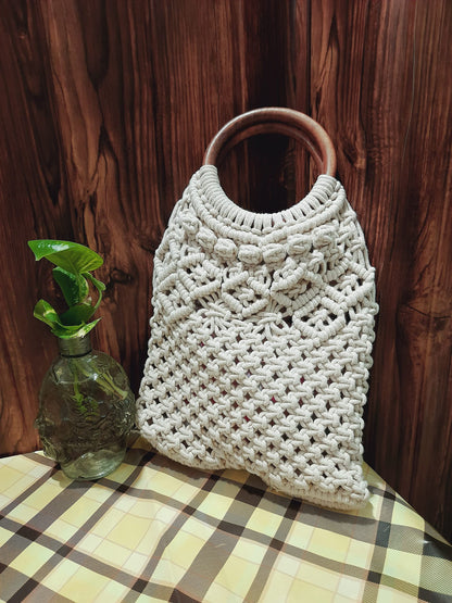 Trend Overseas Handwoven Fashionable Boho Macrame Crochet Cotton Thread Carry Handbag Size 28 x 43 cm