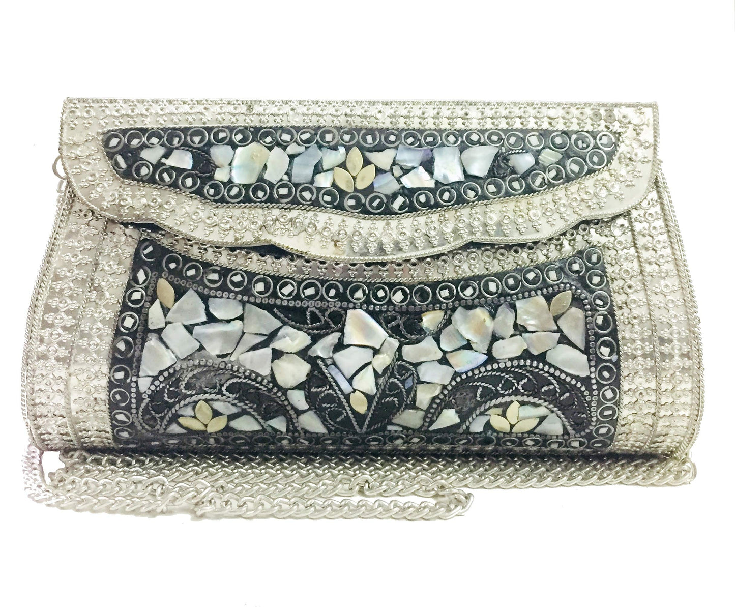 Trend Overseas Women's Silver shell nacre stone bag ethnic clutch indian antique purse mosaic bag metal bag