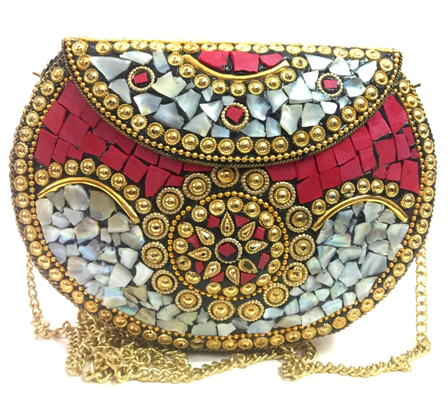 Trend Overseas Red Shell bag metal clutch Indian Ethnic Metal Bag mosaic clutch Antique Wallet purse party bag for women Wedding Box Bridal bag