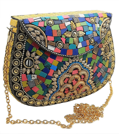 Trend Overseas Multi Color Stones Metal clutch Large Bag Mosaic clutch Wallet purse party bag for women Wedding Box