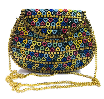 Trend Overseas Multicolor Resin heart bag Women/Girls Bridal clutch party sling bag mosaic metal bag antique ethnic clutch Indian purse party clutch