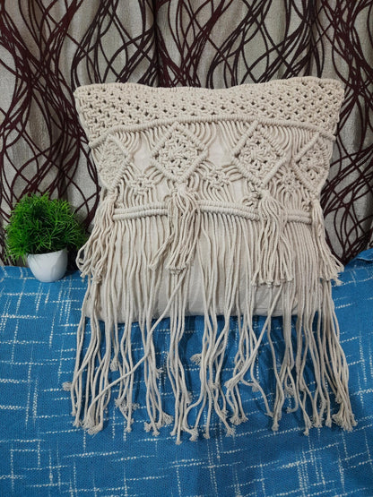 Trend Overseas Set of 2 Piece Handwoven Macrame Pillowcase Ivory Cotton Off-White Cushion Cover Sofa Decor