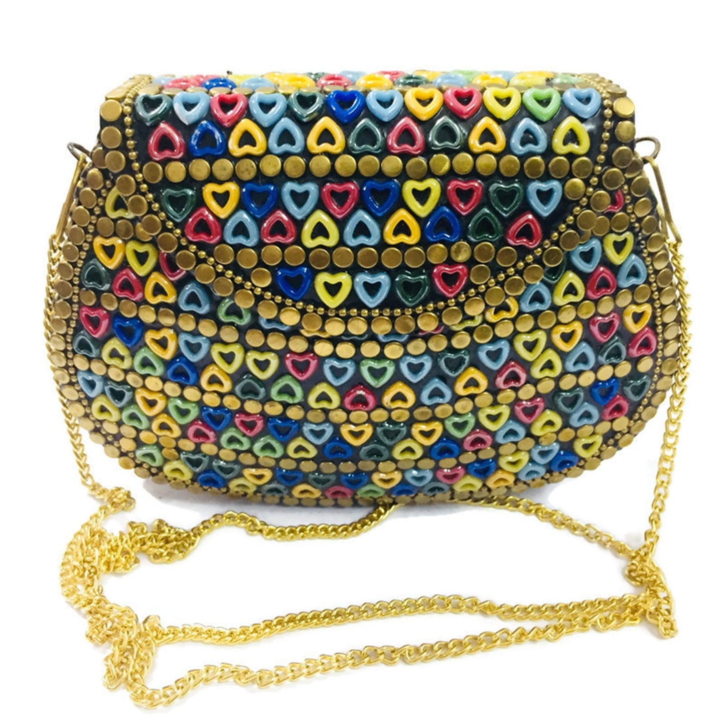 Trend Overseas Multicolor Resin heart bag Women/Girls Bridal clutch party sling bag mosaic metal bag antique ethnic clutch Indian purse party clutch