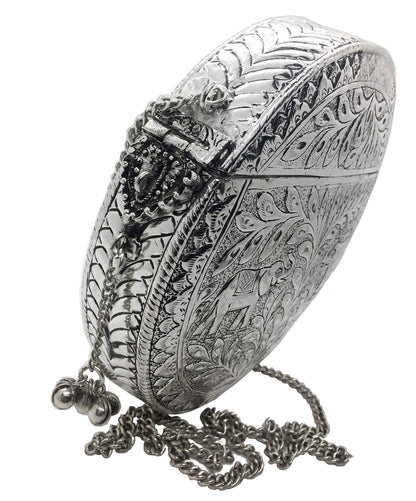 Trend Overseas Party Bridal Handmade Ethnic Brass Metal Silver color Round Shape Antique Hand Carving clutches purse