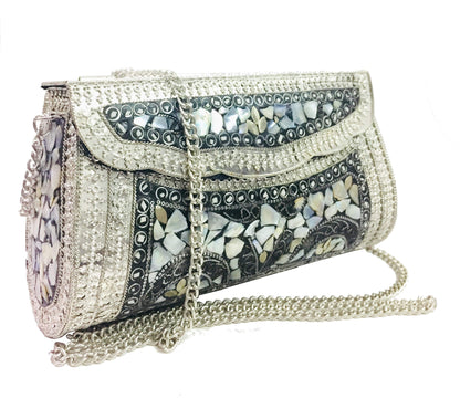 Trend Overseas Women's Silver shell nacre stone bag ethnic clutch indian antique purse mosaic bag metal bag