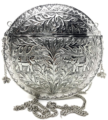 Trend Overseas Party Bridal Handmade Ethnic Brass Metal Silver color Round Shape Antique Hand Carving clutches purse