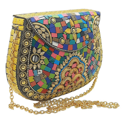 Trend Overseas Multi Color Stones Metal clutch Large Bag Mosaic clutch Wallet purse party bag for women Wedding Box